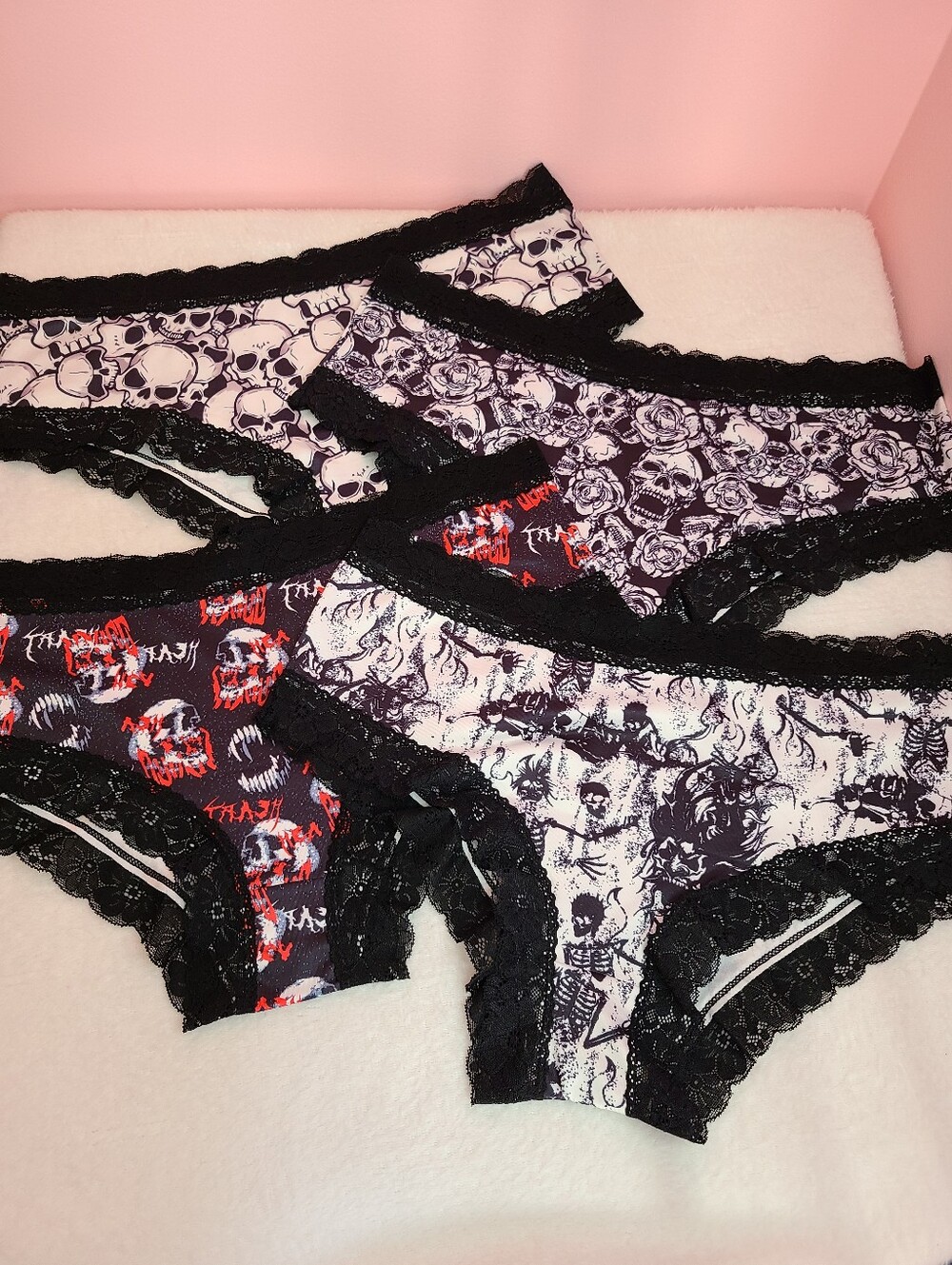 4pk Amazon Smooth Microfiber Lace Trim Punk Goth Skull Hipster Panties Size XL